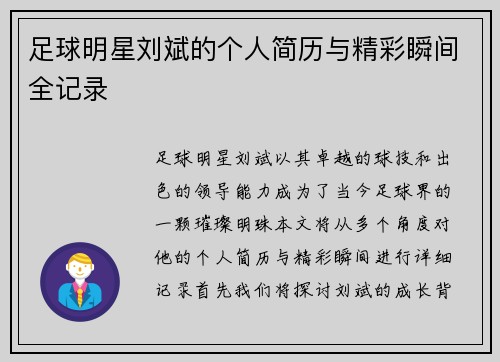 足球明星刘斌的个人简历与精彩瞬间全记录